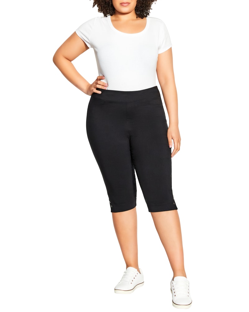 Front of a model wearing a size 14 CAPRI GRACIE EYELET in Black by avenue. | dia_product_style_image_id:288016